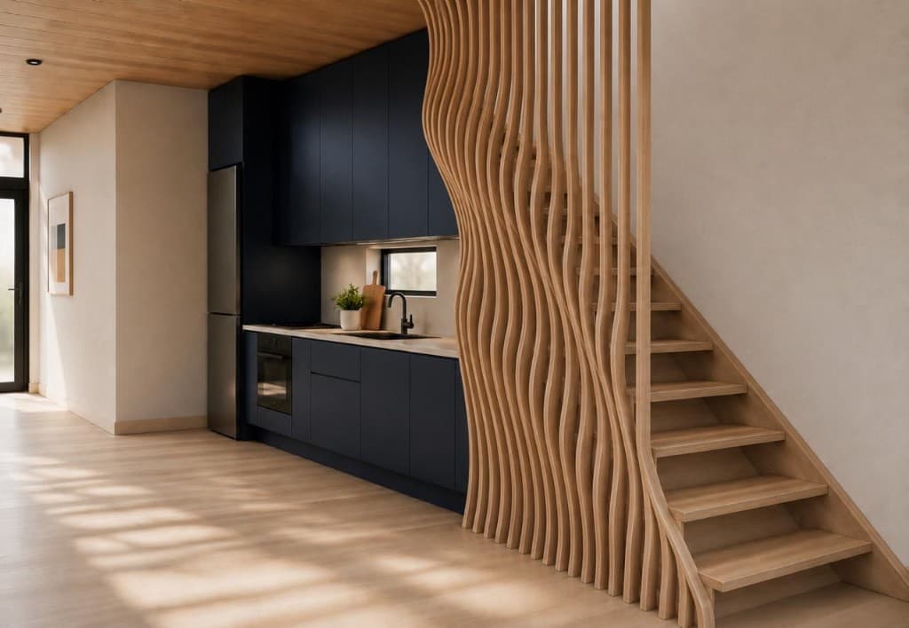 SOF96 interior — timber kitchen, wavy wood slat screen, and staircase with light oak flooring